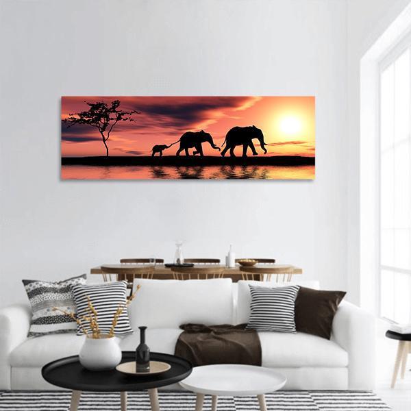 Elephant Family Silhouette Panoramic Canvas Wall Art-3 Piece-25" x 08"-Tiaracle