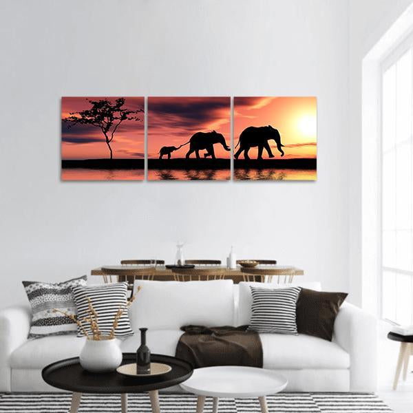 Elephant Family Silhouette Panoramic Canvas Wall Art-3 Piece-25" x 08"-Tiaracle
