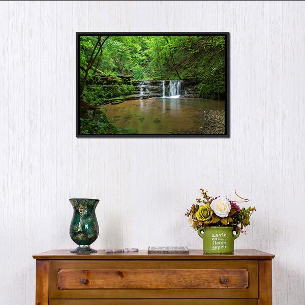 Black Forest Waterfall Germany Canvas Wall Art-1 Piece-Floating Frame-24" x 16"-Tiaracle