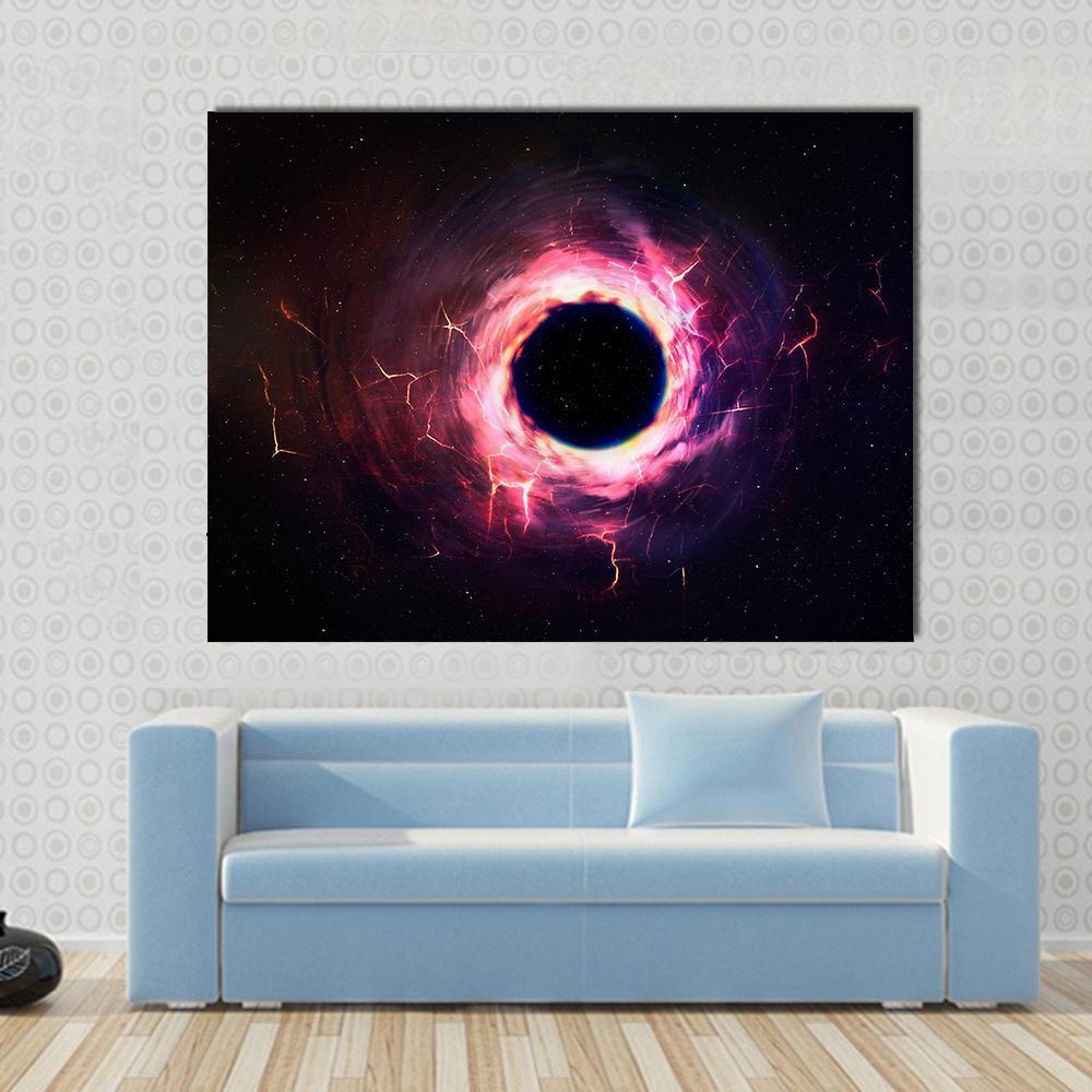 Black Hole Cosmic Vortex Illustration Canvas Wall Art in black, purple and pink, single panel hung on a wall