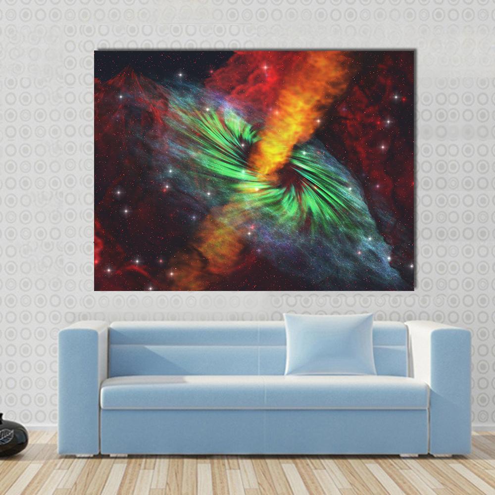 Black Hole in Cosmos Canvas Wall Art in black, orange and green, single panel hung on a wall