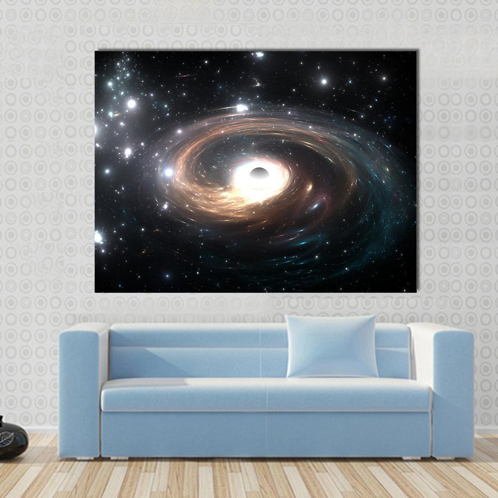 Black Hole with Glowing Accretion Disk Canvas Wall Art in black, orange and blue, single panel hung on a wall