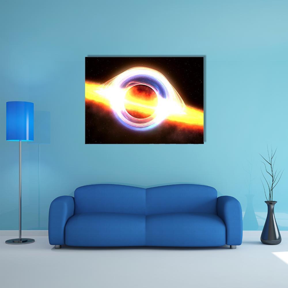 Black Hole with Glowing Accretion Disk Canvas Wall Art in black, orange and yellow, single panel hung on a wall