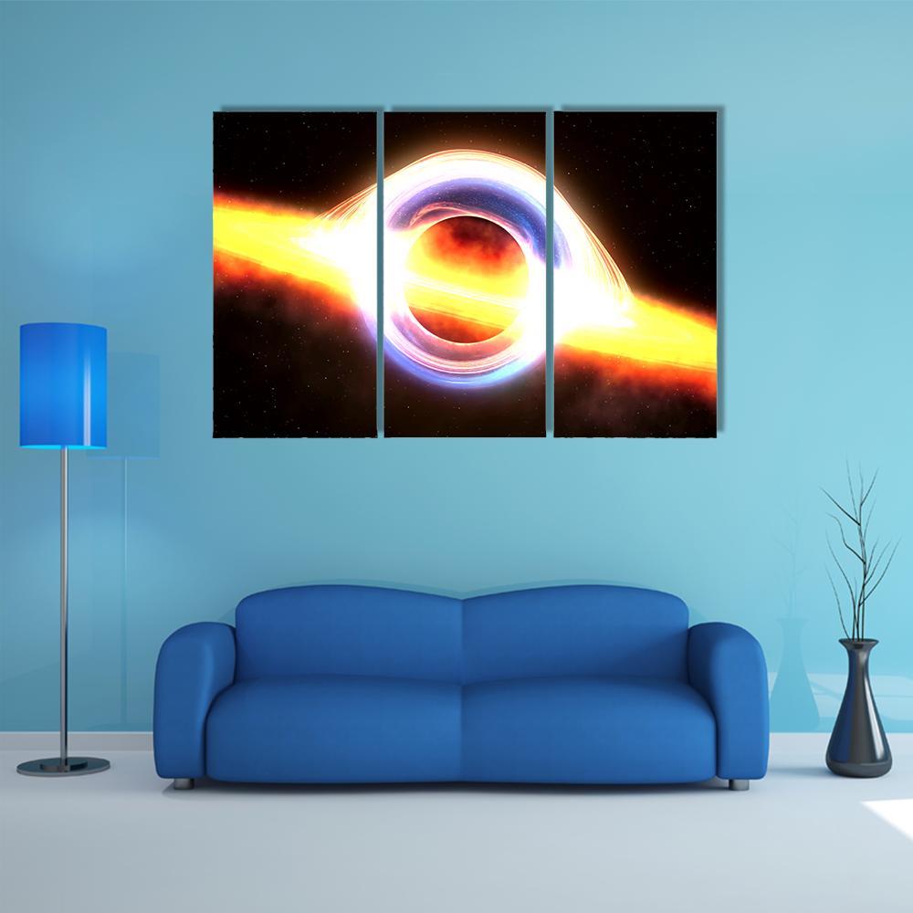 Black Hole with Glowing Accretion Disk Canvas Wall Art in black, orange and yellow, 3 panel horizontal set hung on a wall