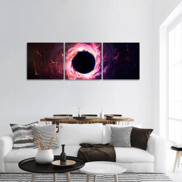 Black Hole Cosmic Vortex Illustration Panoramic Canvas Wall Art in black, purple and pink, hung on a wall