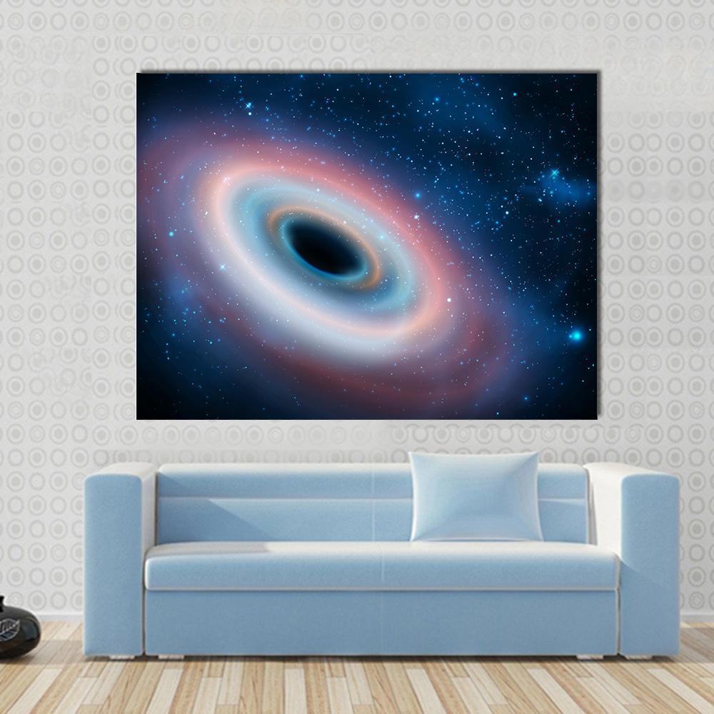 Black Hole with Multicolored Accretion Rings Canvas Wall Art in black, blue and pink, single panel hung on a wall