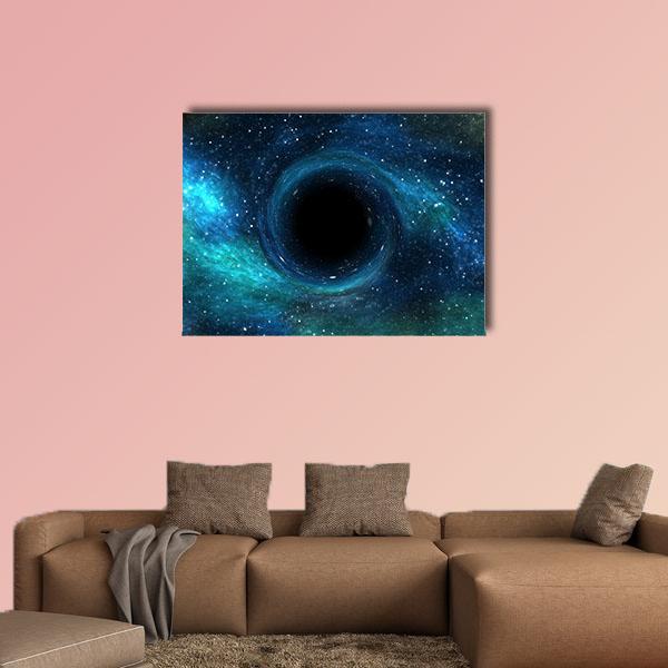 Black Hole Over Star Field Canvas Wall Art in black and blue, single panel hung on a wall