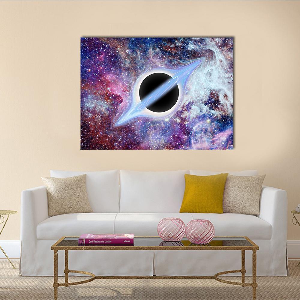 Black Hole with Glowing Accretion Disk Canvas Wall Art in black, blue and purple, single panel hung on a wall