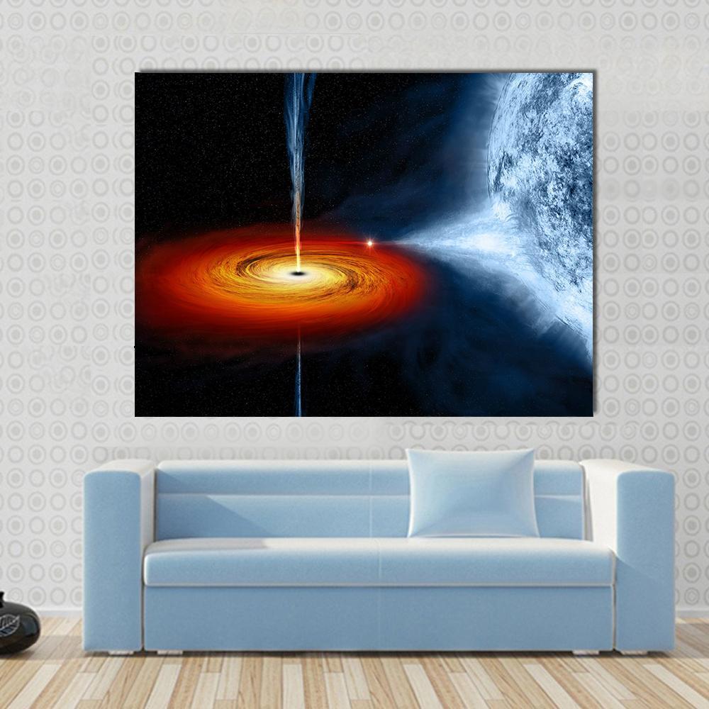 Black Hole Sucking Big White Dwarf Canvas Wall Art in black, orange and blue, single panel hung on a wall