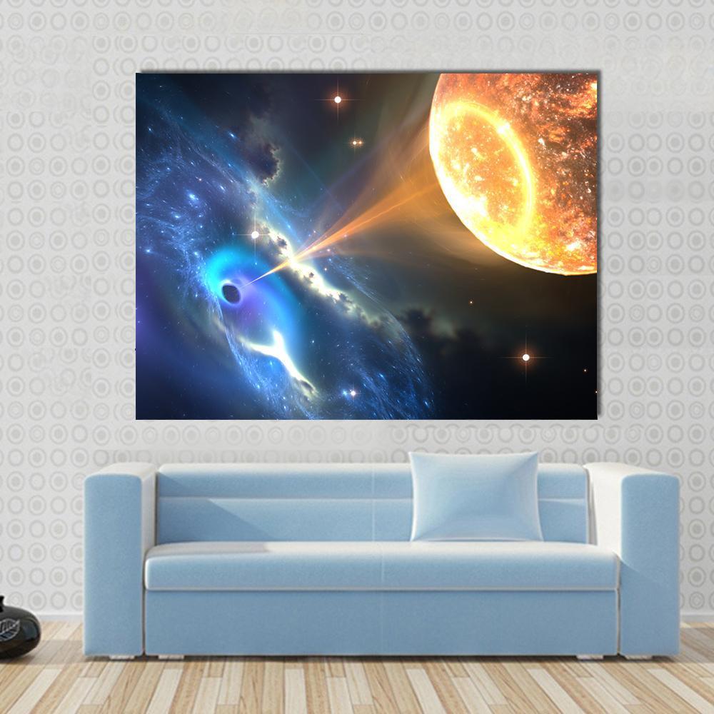 Black Hole Sucking Nearest Star Canvas Wall Art in black, orange and blue, single panel hung on a wall