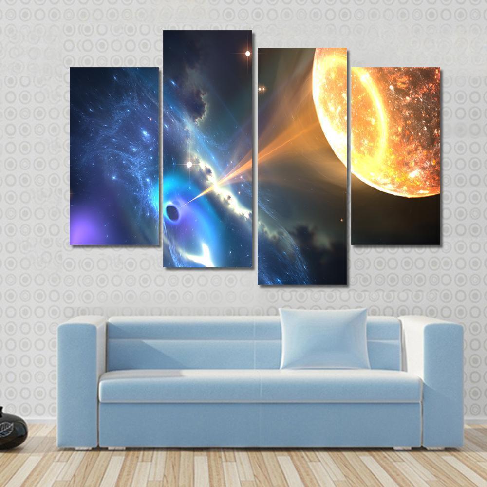 Black Hole Sucking Nearest Star Canvas Wall Art in black, orange and blue, 4 panel Pop layout hung on a wall