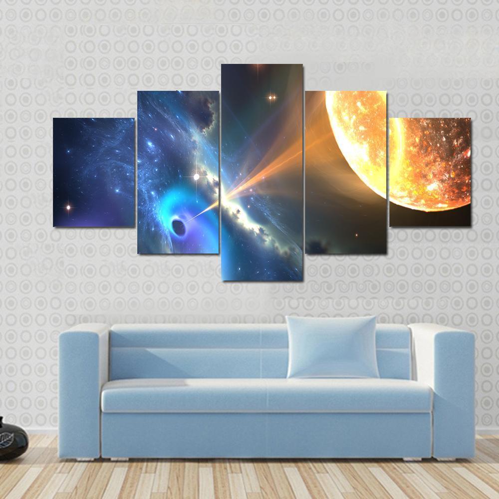 Black Hole Sucking Nearest Star Canvas Wall Art in black, orange and blue, 5 panel Star layout hung on a wall