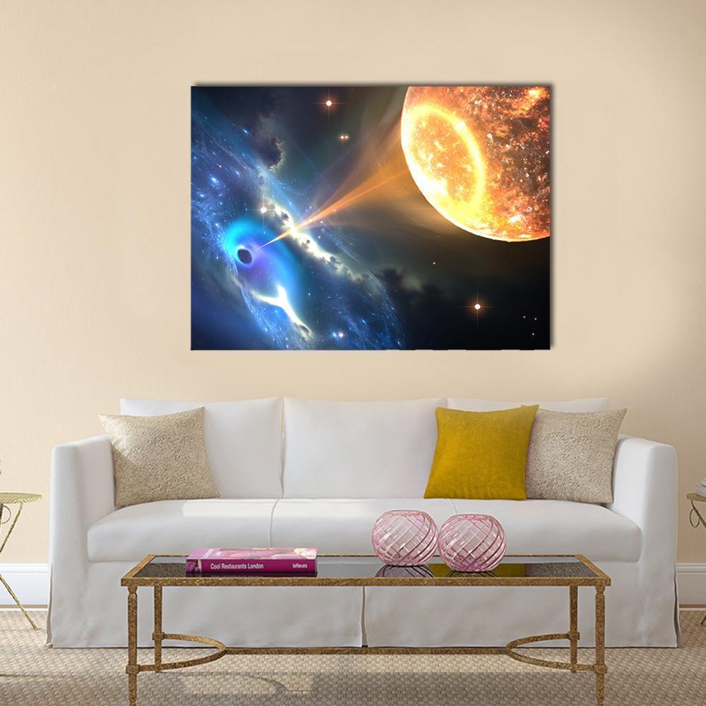 Black Hole Devouring a Shining Star Canvas Wall Art in black, orange and blue, single panel hung on a wall