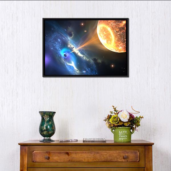 Black Hole Sucking Nearest Star Canvas Wall Art in black, orange and blue, framed canvas, product view on a white background