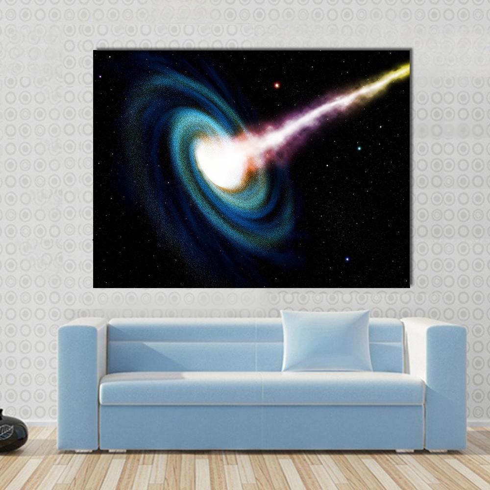 Black Hole Swallowing Galaxy Canvas Wall Art in black, blue and multicolor, single panel hung on a wall