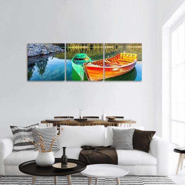 Boats In Lake Durmitor Panoramic Canvas Wall Art-3 Piece-25" x 08"-Tiaracle