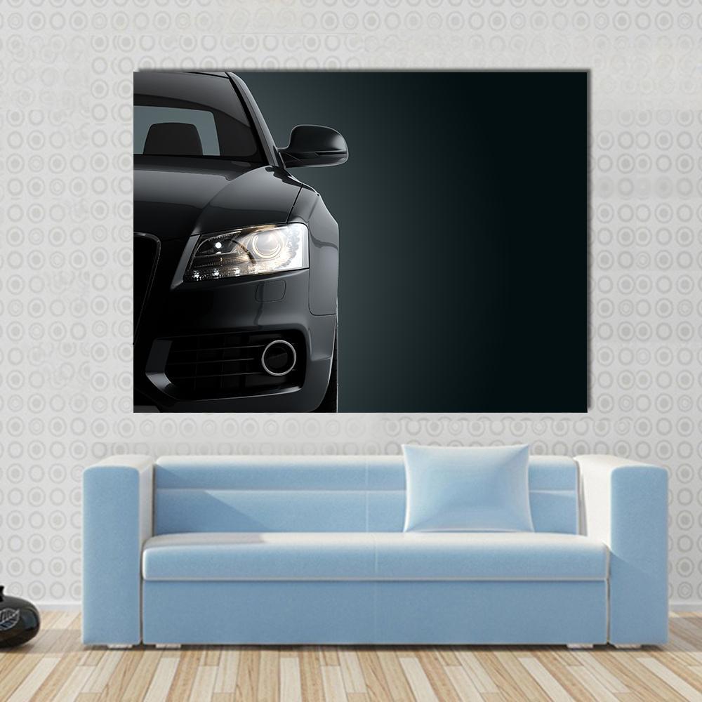 Black Sports Car Canvas Wall Art in black and gray, single panel hung on a wall