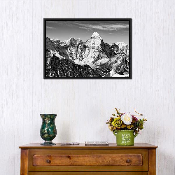 Black &amp; White Ama Dablam Canvas Wall Art-1 Piece-Floating Frame-24" x 16"-Tiaracle