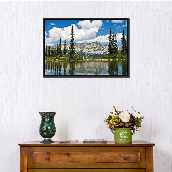 Blackcomb Mountain Reflecting off Harmony Lake Canvas Wall Art-1 Piece-Floating Frame-24" x 16"-Tiaracle