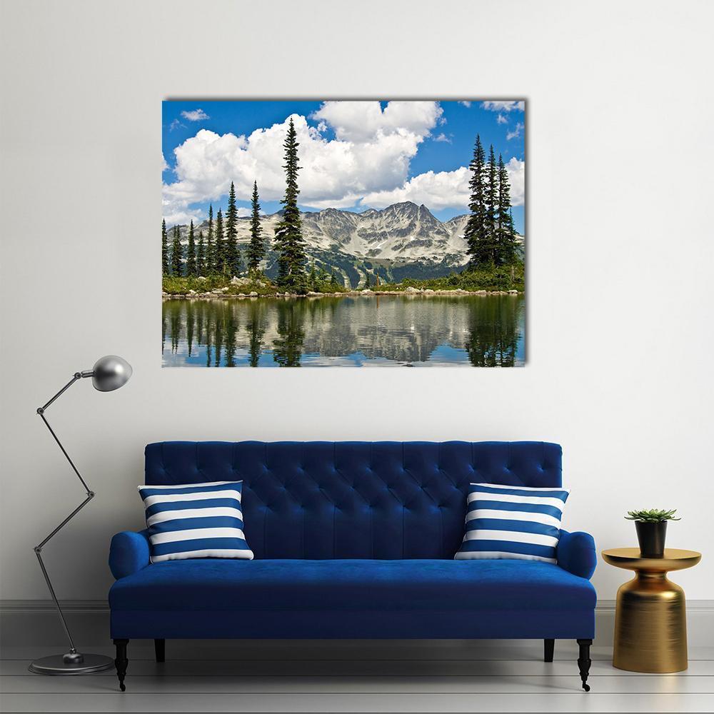 Blackcomb Mountain Reflected in Harmony Lake Canvas Wall Art in white, green and blue, single panel hung on a wall