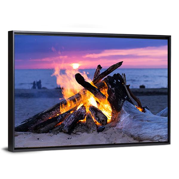 Bonfire On Beach Canvas Wall Art-3 Horizontal-Gallery Wrap-25" x 16"-Tiaracle
