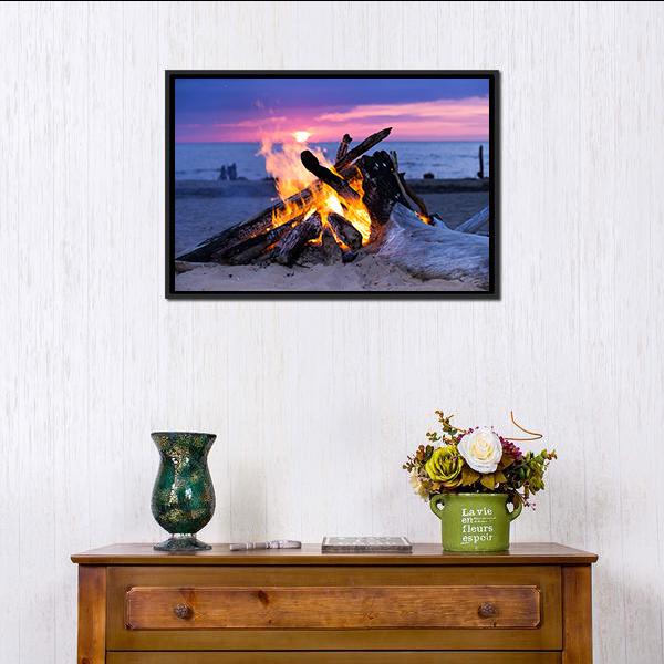 Bonfire On Beach Canvas Wall Art-1 Piece-Floating Frame-24" x 16"-Tiaracle