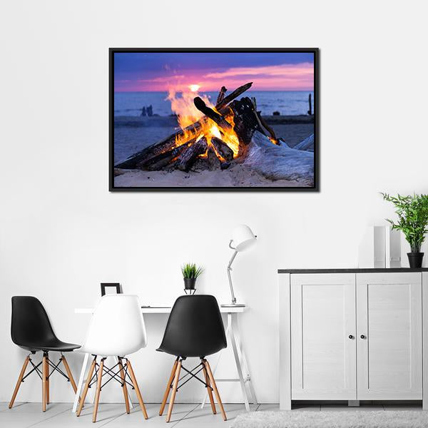 Bonfire On Beach Canvas Wall Art-3 Horizontal-Gallery Wrap-25" x 16"-Tiaracle
