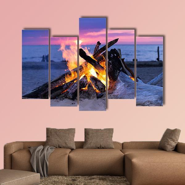 Bonfire On Beach Canvas Wall Art-5 Pop-Gallery Wrap-47" x 32"-Tiaracle