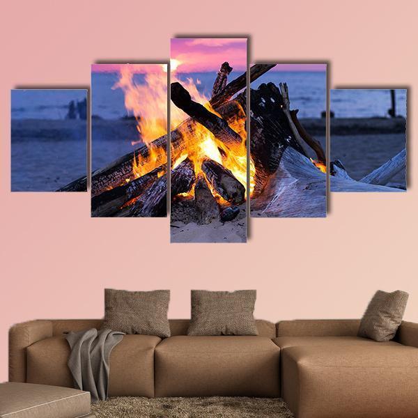Bonfire On Beach Canvas Wall Art-5 Star-Gallery Wrap-62" x 32"-Tiaracle