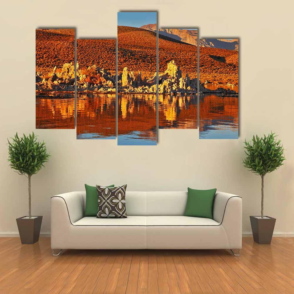 Orange Sunset At Mono Lake Canvas Wall Art-5 Pop-Gallery Wrap-32" x 21"-Tiaracle