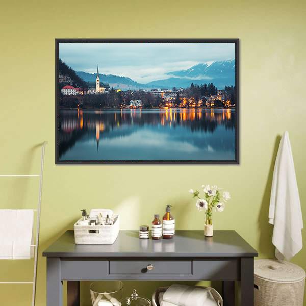 Bled Lake At Dusk Canvas Wall Art-1 Piece-Floating Frame-24" x 16"-Tiaracle