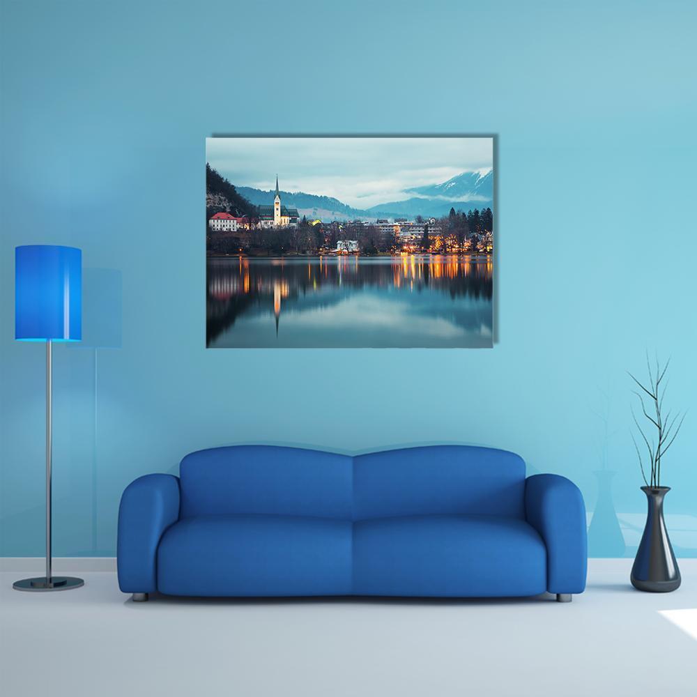 Bled Lake At Dusk Canvas Wall Art-1 Piece-Gallery Wrap-48" x 32"-Tiaracle