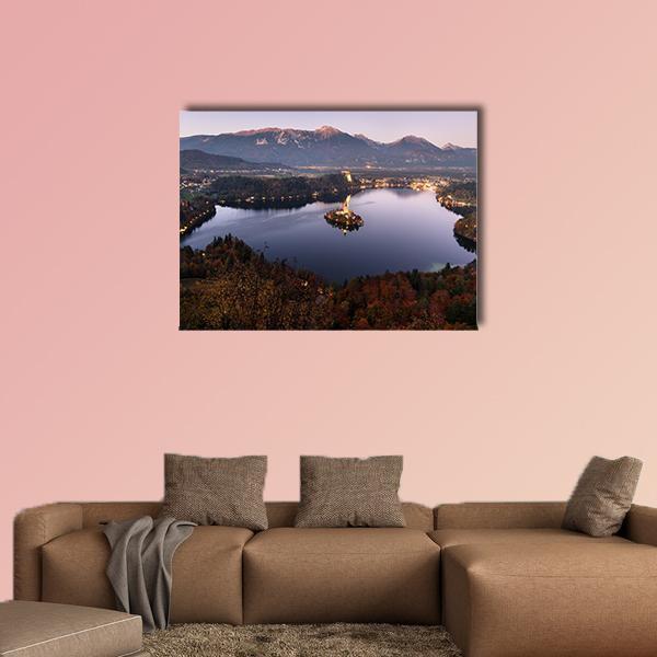 Bled Lake at Dusk, Slovenia Canvas Wall Art in brown, blue and purple, single panel hung on a wall