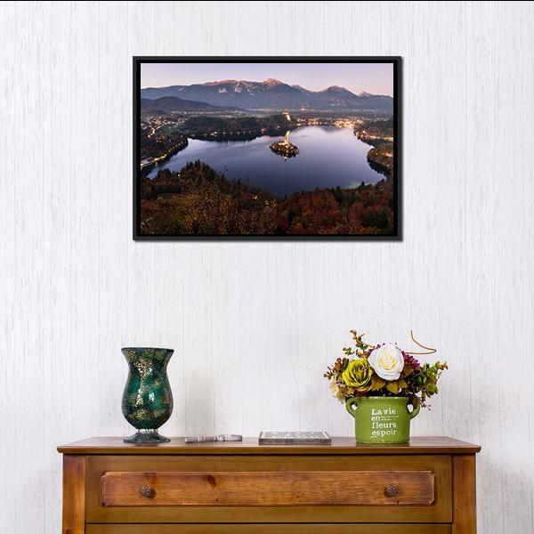 Bled Lake At Dusk Slovenia Canvas Wall Art-1 Piece-Floating Frame-24" x 16"-Tiaracle