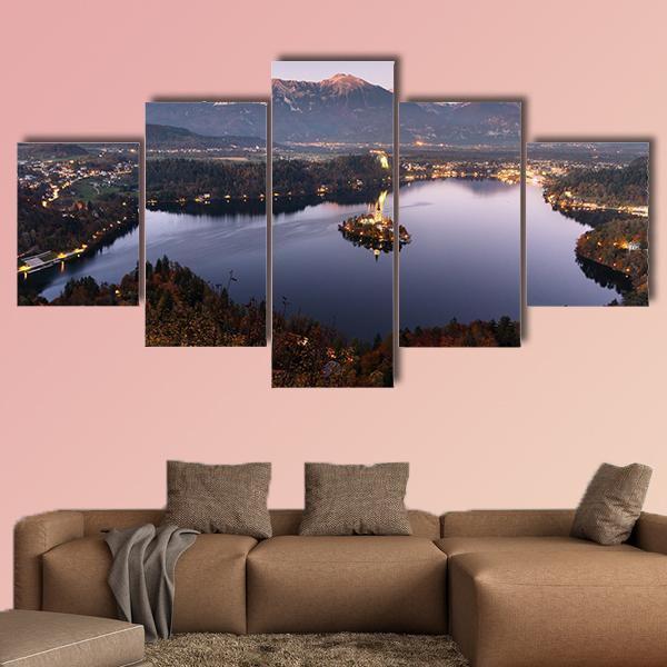 Bled Lake At Dusk Slovenia Canvas Wall Art-5 Star-Gallery Wrap-62" x 32"-Tiaracle
