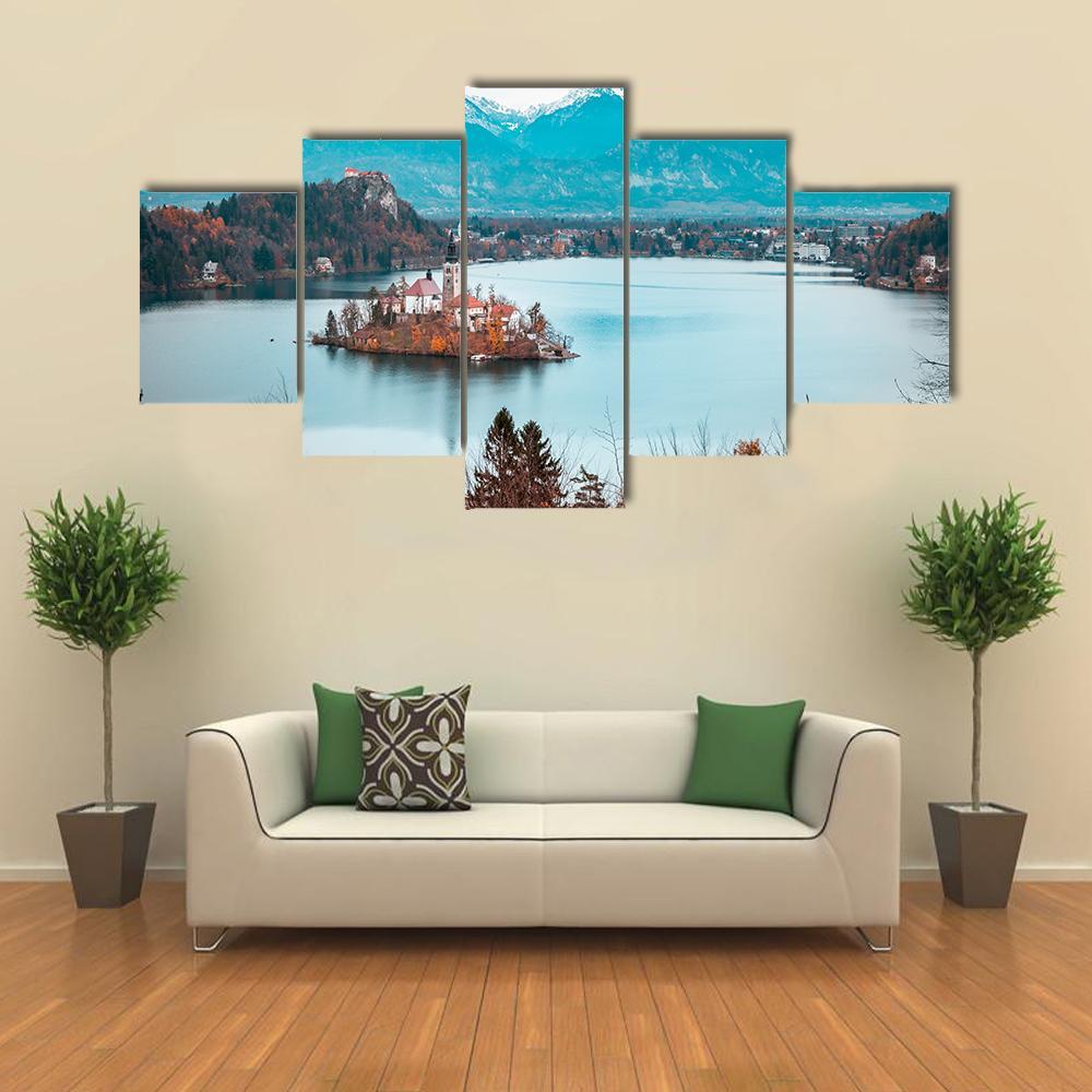 Bled Castle With Lake Canvas Wall Art-5 Star-Gallery Wrap-62" x 32"-Tiaracle