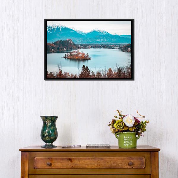 Bled Castle With Lake Canvas Wall Art-1 Piece-Floating Frame-24" x 16"-Tiaracle
