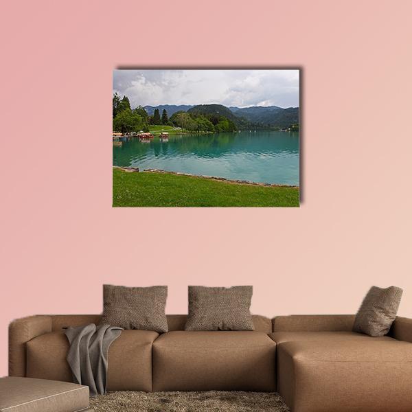 Bled Lake With Church Canvas Wall Art-1 Piece-Gallery Wrap-48" x 32"-Tiaracle