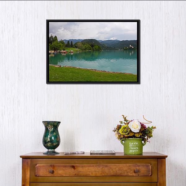 Bled Lake With Church Canvas Wall Art-1 Piece-Floating Frame-24" x 16"-Tiaracle