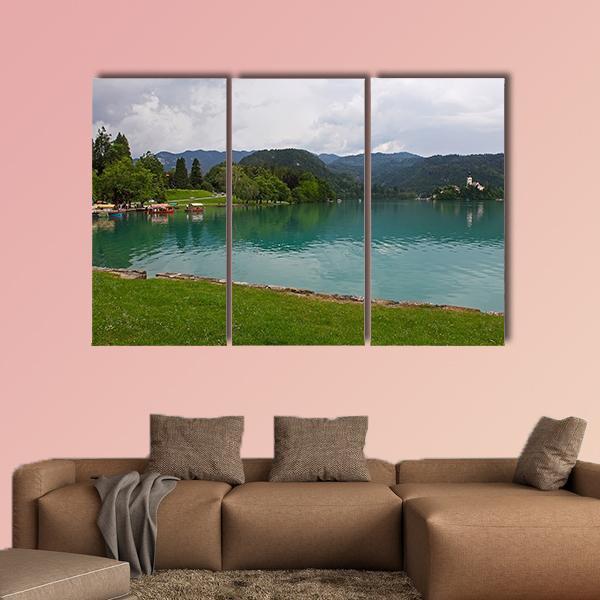 Bled Lake With Church Canvas Wall Art-3 Horizontal-Gallery Wrap-37" x 24"-Tiaracle