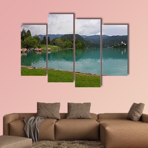 Bled Lake With Church Canvas Wall Art-4 Pop-Gallery Wrap-50" x 32"-Tiaracle