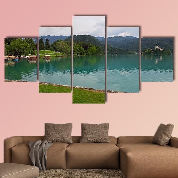 Bled Lake With Church Canvas Wall Art-5 Star-Gallery Wrap-62" x 32"-Tiaracle