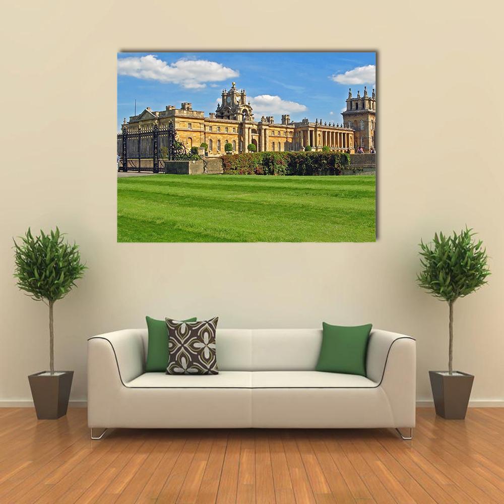 Blenheim Palace Ornate Gate and Lawn Canvas Wall Art in gold, green and blue, single panel hung on a wall