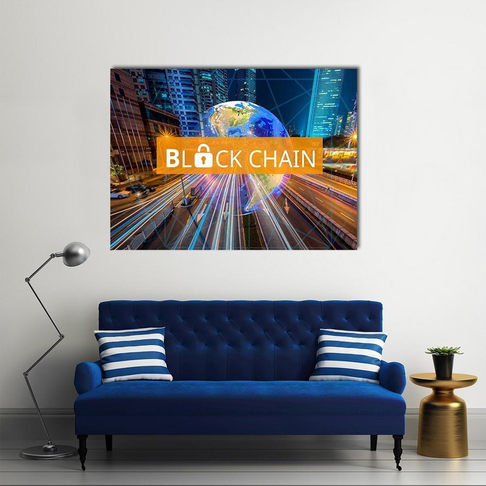 Blockchain Cityscape with Earth Globe Canvas Wall Art in orange, yellow and blue, single panel hung on a wall