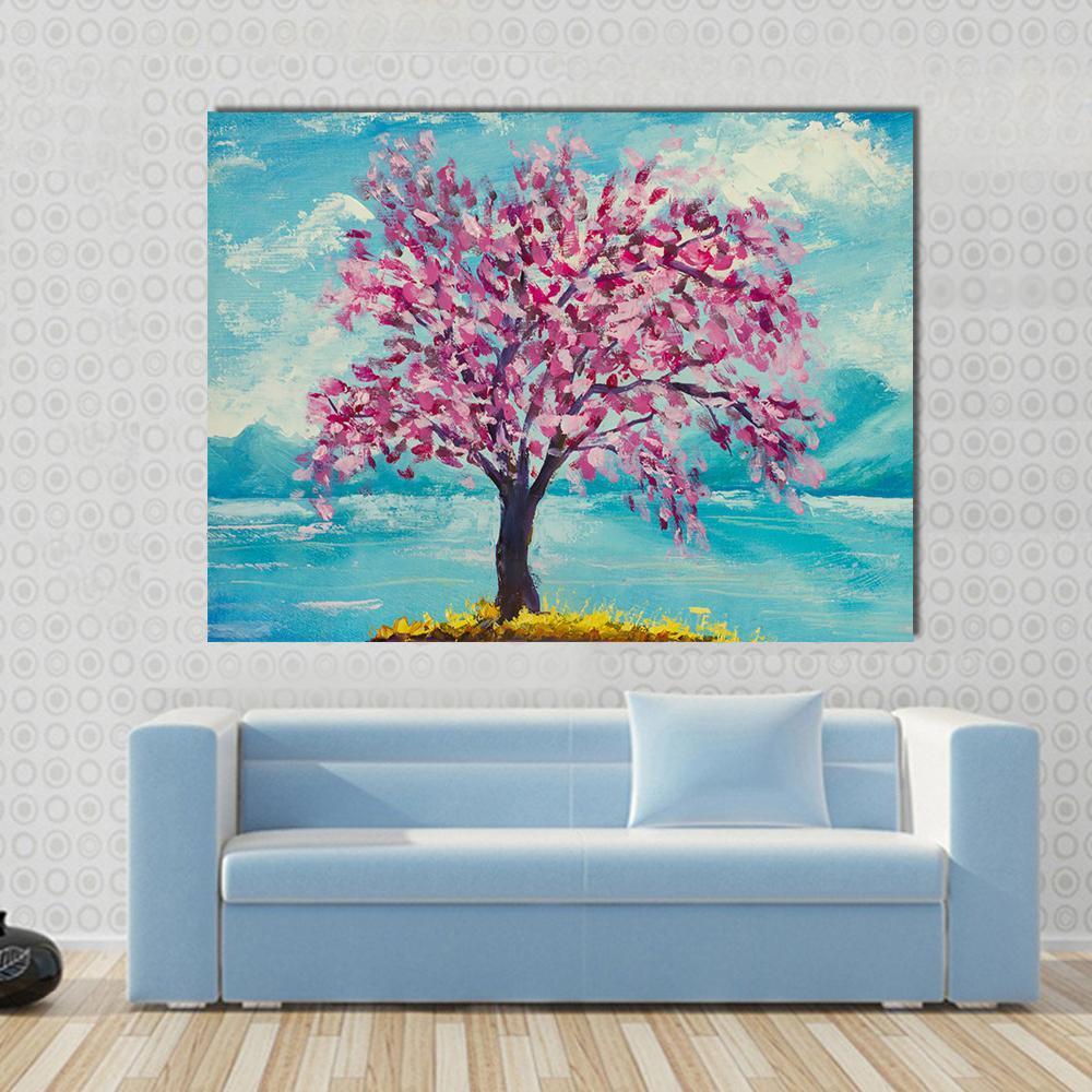 Blooming Sakura Canvas Wall Art in white, blue and pink, single panel hung on a wall