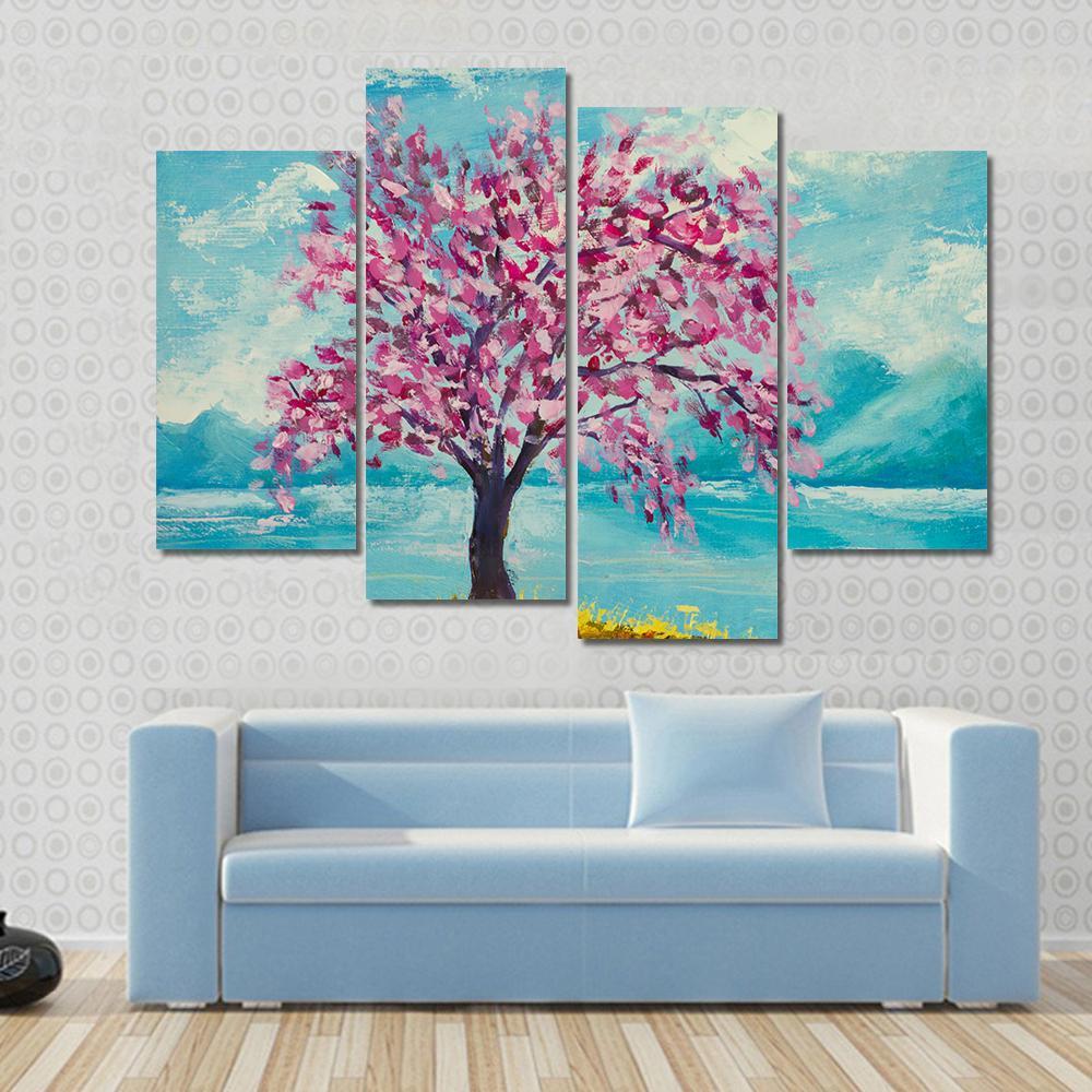 Blooming Sakura Canvas Wall Art-4 Pop-Gallery Wrap-50&quot; x 32&quot;-Tiaracle