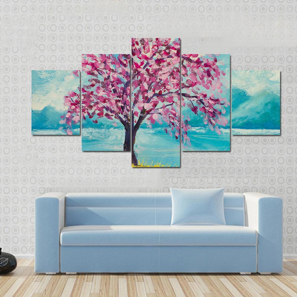 Blooming Sakura Canvas Wall Art-5 Star-Gallery Wrap-62&quot; x 32&quot;-Tiaracle
