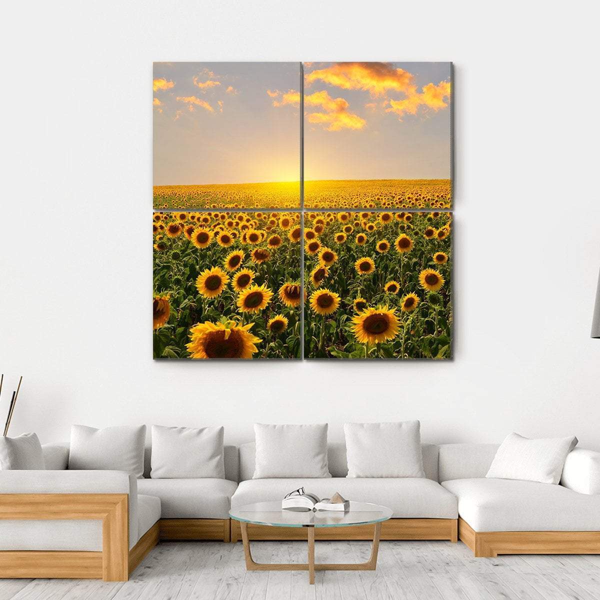 Blooming Sunflowers at Sunset Canvas Wall Art in orange, yellow and green, hung on a wall