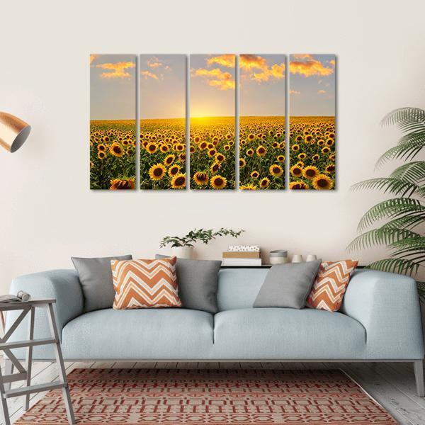 Blooming Sunflowers At Sunset Canvas Wall Art-5 Horizontal-Gallery Wrap-22" x 12"-Tiaracle