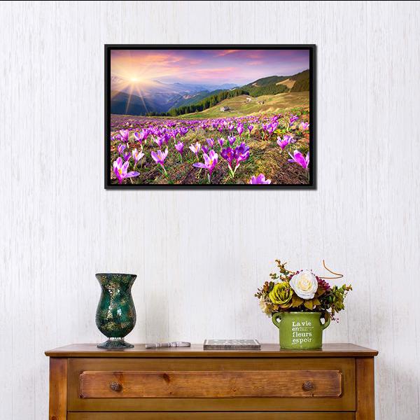 Blossom of Crocuses Canvas Wall Art in orange, green and purple, framed canvas, product view on a white background